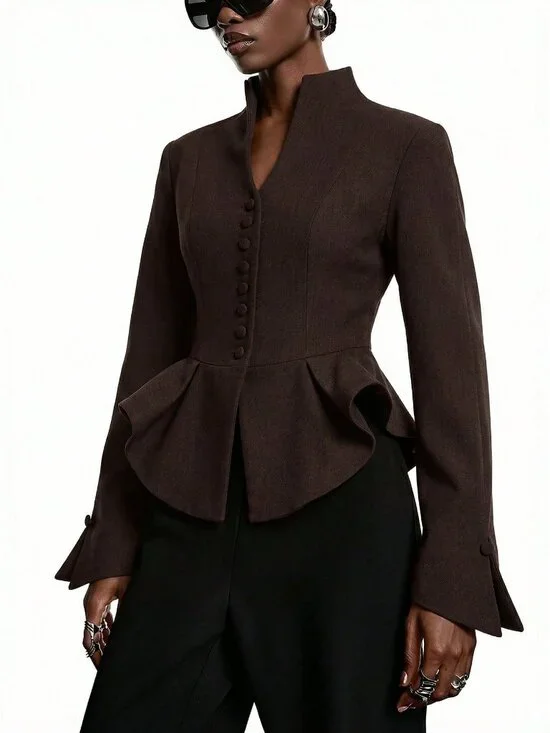 Coffee Brown Elegant Women's Minimalist Coffee Fitted Waist Blazer - Picture 4 of 6